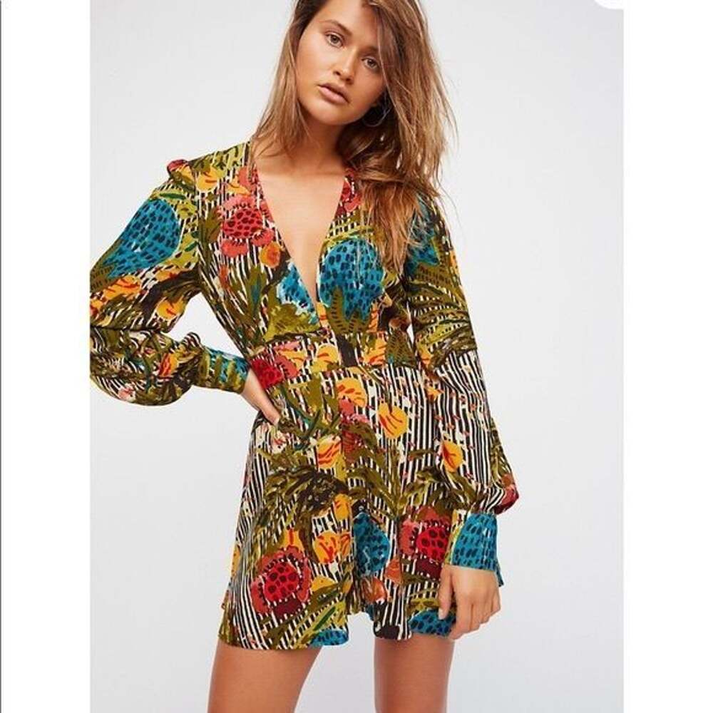 Free People Audrey Floral Long Sleeve Plunge V Neck Romper Multicolor Size 0